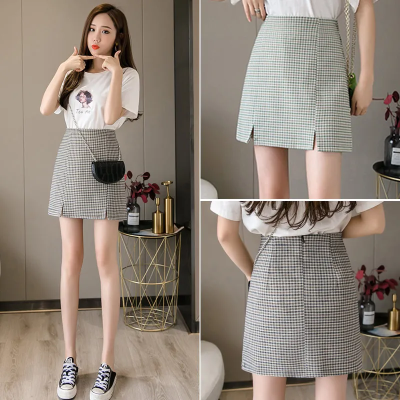 

High-Waist Slim-Fit Plaid Slit Skirt Women 2020 Spring Summer Skirts Womens New-Style Anti-Exposure-Style Women's Skirts Femme
