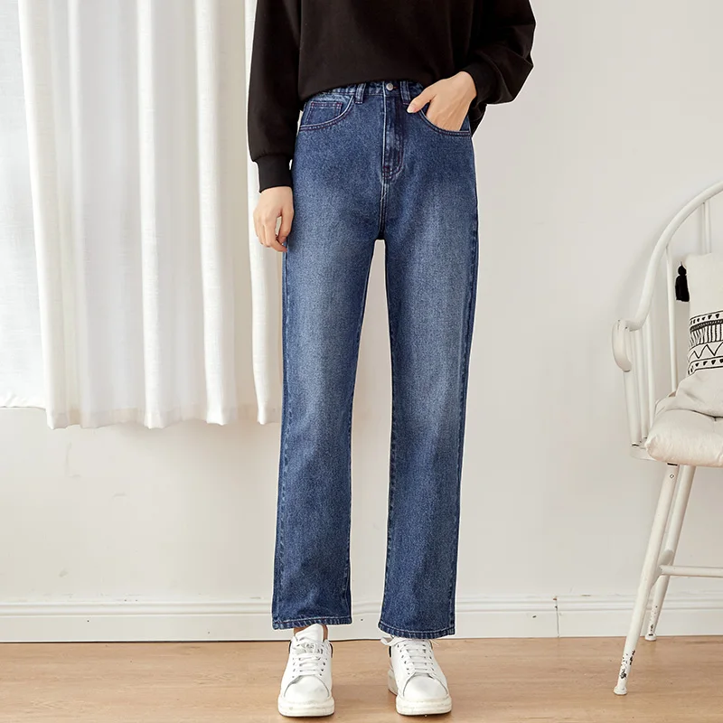 LEIJIJEANS, большой размер, Женская высокая талия, плюс бархат, большие длинные прямые джинсы, свободные, повседневные, темно-синего размера плюс, женские джинсы 9237R
