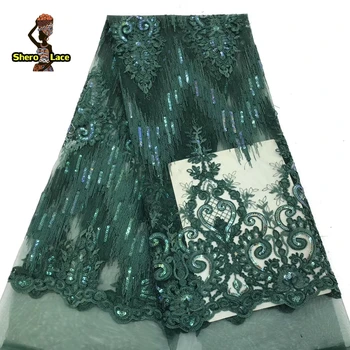 

African French Lace Fabric With Sequins High Quality African Fabric Green Color Nigerian Tulle Lace Fabric For Party Dress