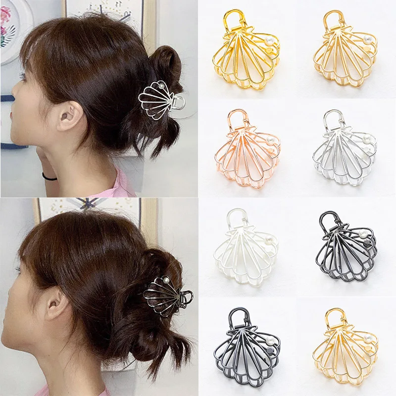 

2019 Hair Claw Clip Alloy Mesh Hollow Pearl Shell Grab Clip Hairpin Hair Barrette Crab Metal Clips Women Hair Accessories