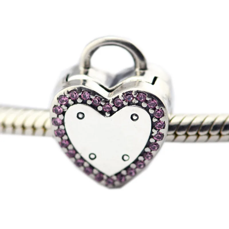 

Lock Your Promise Clip Beads for Snake Chain Bracelets Women Love Heart Lock Charm Beads for Jewelry Making Pink Color CZ Stones