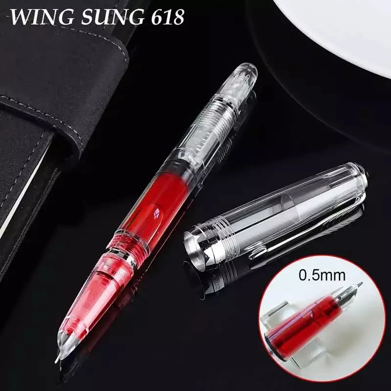 

Wing Sung 618 Transparent Piston Fountain Pen Clear Ink Pen Smooth Fine 0.5mm Nib Writing Pens Office School supplies Business