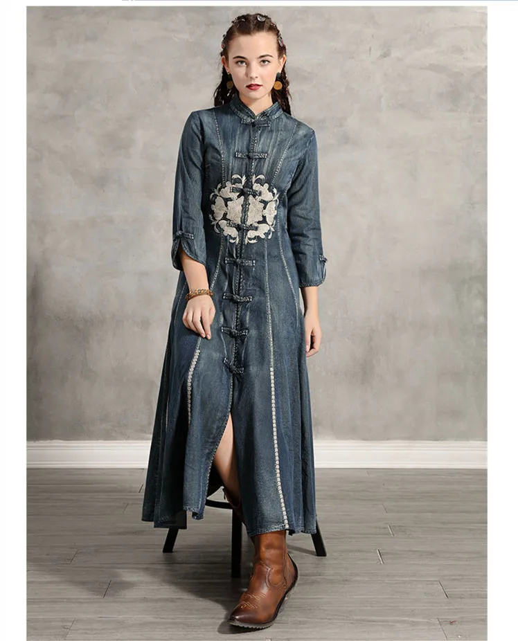 Длинное джинсовое платье на осень и зиму, женское винтажное платье с вышивкой в китайском стиле, в виде лягушки, с узлом и стоячим воротником