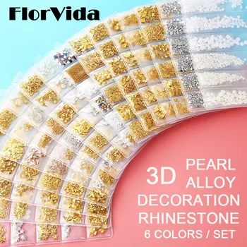 

FlorVida 6 Colors Set Nail Art Golden Alloy Studs Metal 3D Decorations Mixed Pearl AB Rhinestones Hybrid For Manicure Design