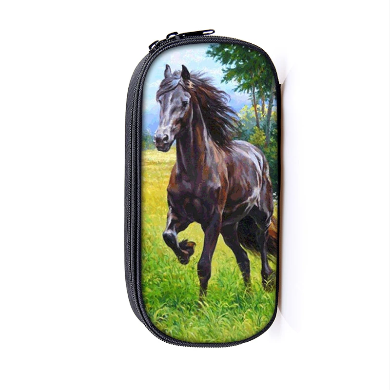 Galloping Animal Black Horse Print Pencil Bag Ladies Cosmetic Bags For Young Boys Girls Pencil Case Children School Supplies