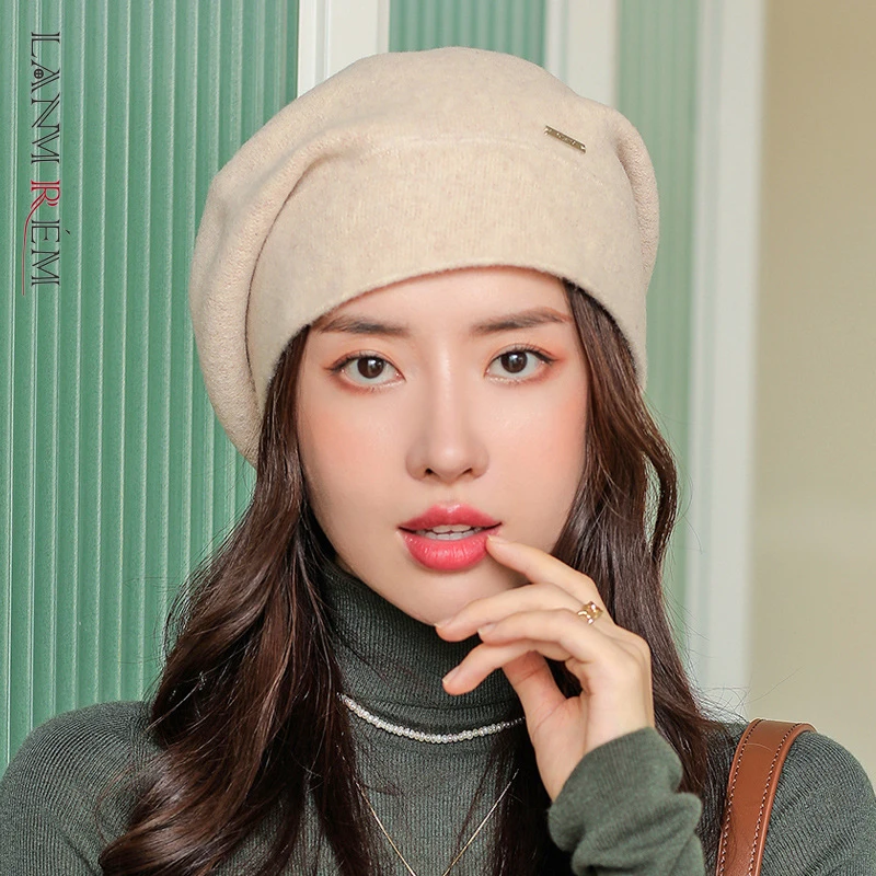 LANMREM 2021 Autumn Winter New Versatile Beanies Female Solid Color Keep Warm Hats Women's Painter Caps Fashion 2W1502 | Аксессуары