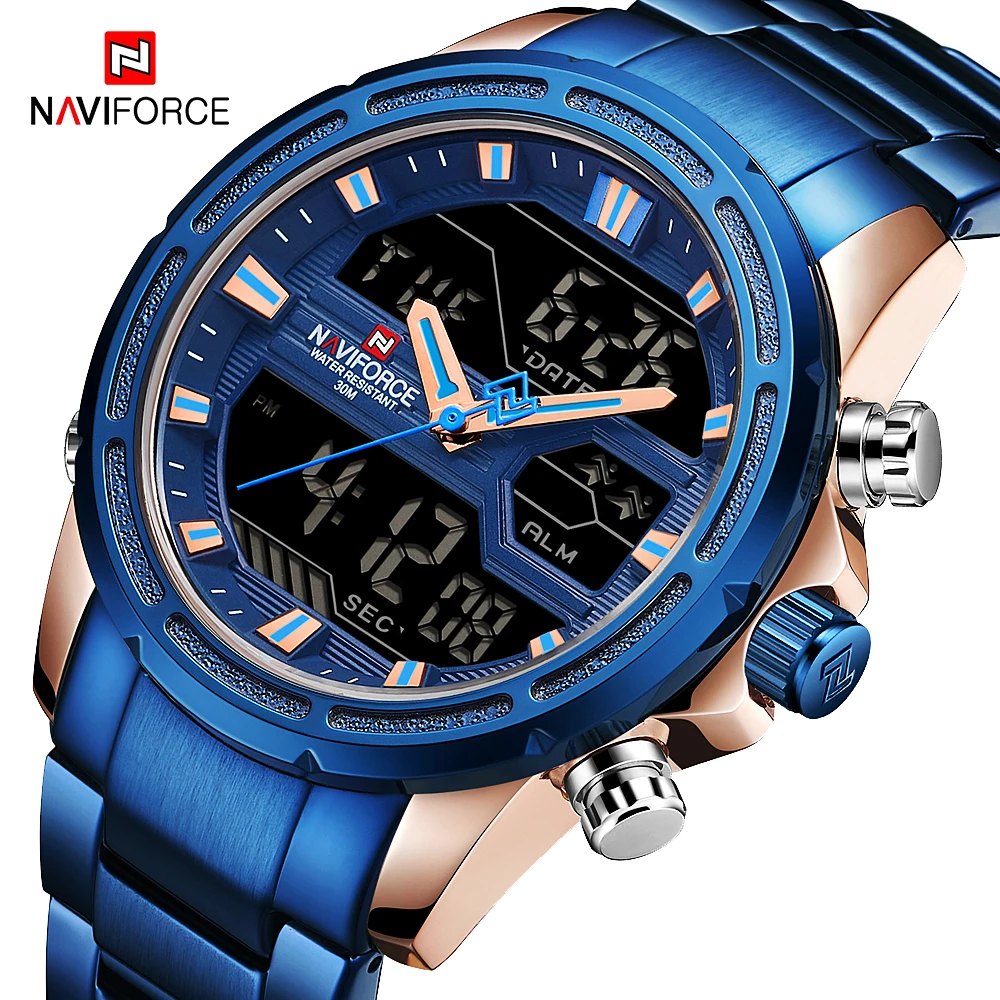 NAVIFORCE Men Quartz LED Digital Clock Male Blue Full Steel Military Wrist Watch Relogio Masculino