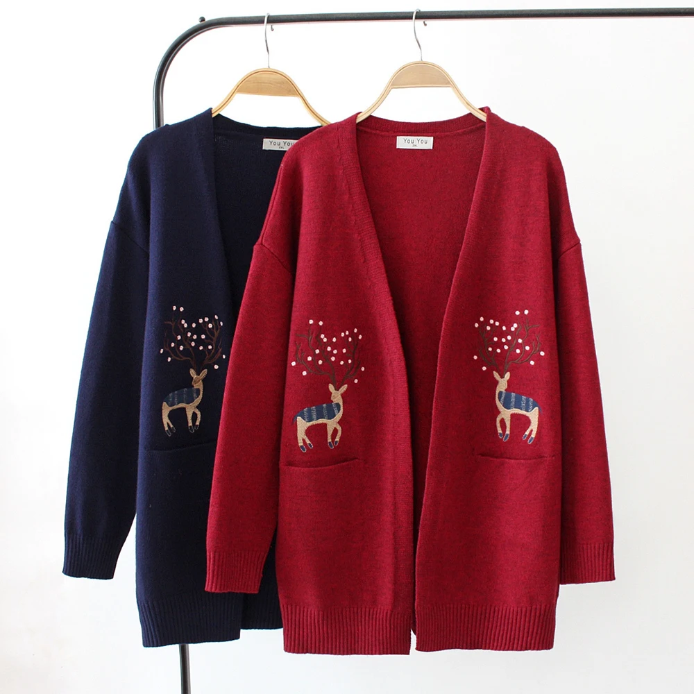 New Double Pocket Fawn Deer Embroidery Loose Cardigan Sweaters Women Drop Shoulder Plus Size 2XL-4XL Warm Outerwear |
