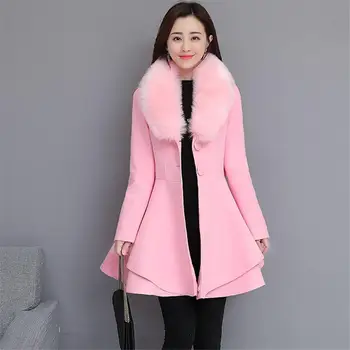 

Fashion 2019 Autumn Winter Women Wool Coat Elegant Long Wool Blend Coats Female Sweet Large Fur Coat