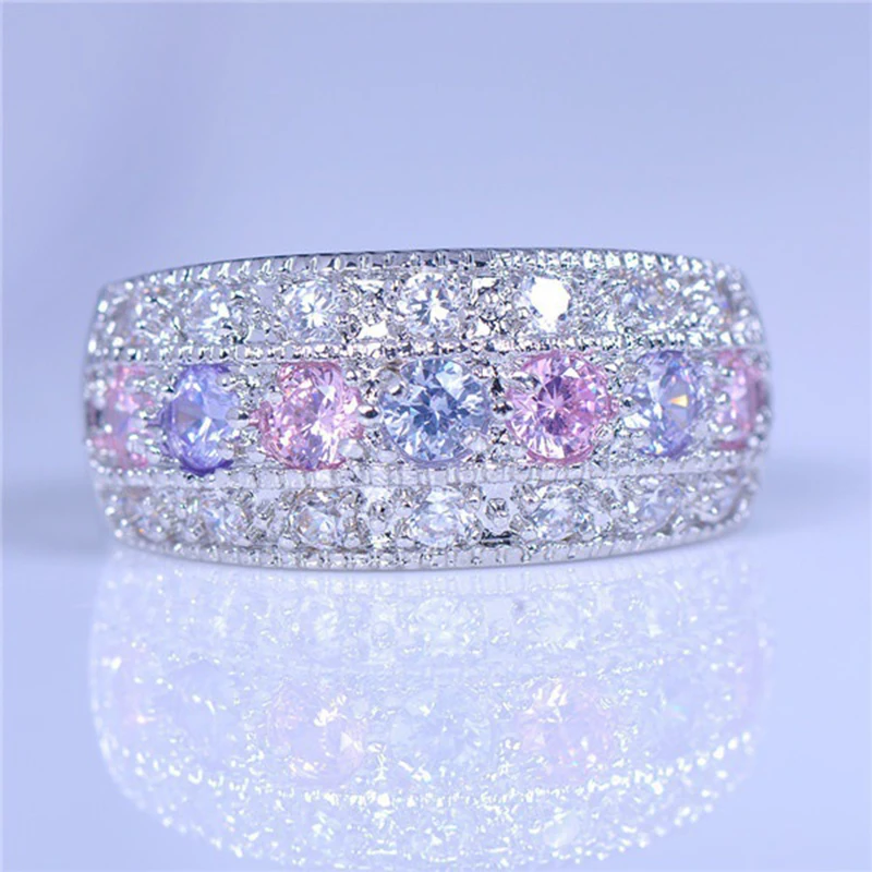925 Silver Color Pink and Purple Crystal Zircon Stone Ring For Women Female Bride Wedding Engagement Round Rings Fine Jewelry | Украшения и