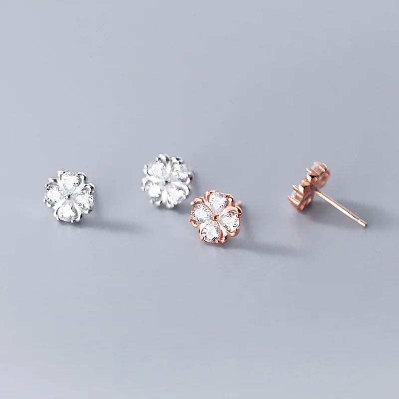 

s925 Silver Ear Studs Small Fresh Sweet Four-leaf Flower Earrings Female Inlaid Zircon Flower Girl Lady Earrings
