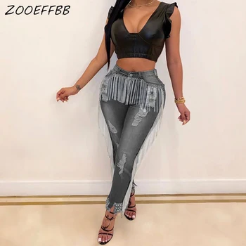 

ZKYZWX Tassel Vintage High Waist Blue Jeans Autumn Stretch Skinny Fringe Denim Pants Plus Size Elegant Ripped Jeans for Women