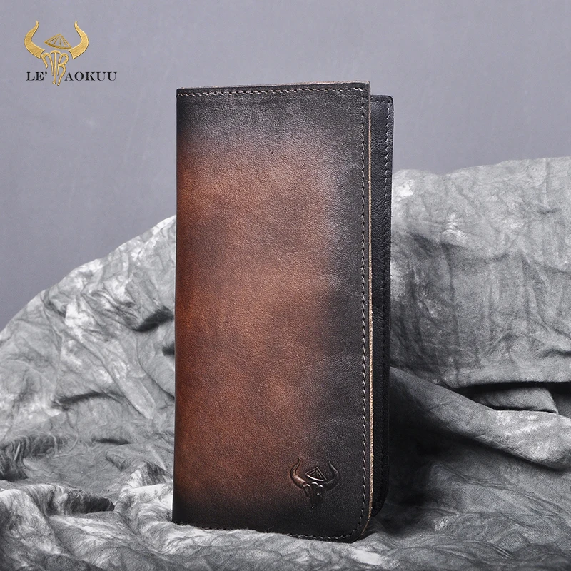 New Unisex Real Leather Vintage Coffee Gift Long Checkbook Organizer Standard Men's Wallet Travel Purse Designer Clutch 8645