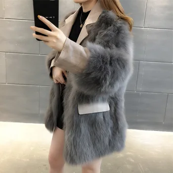 

New 2020 Whole Skin 100% Fox Fur Grass Coat Female Long Section Leather Suit Collar Fur Coat Winter