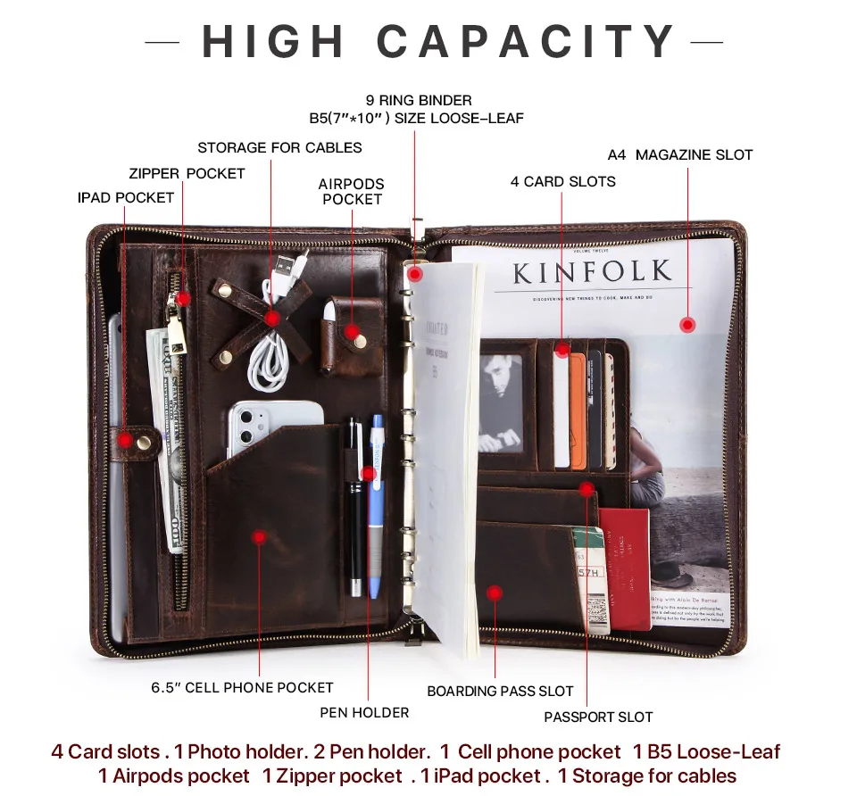 Папка из натуральной кожи B5 Binder Padfolio портфель на молнии для письма документов и блокнот Чехол для iPad Pro 10,5 10,2 11 Air 2