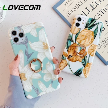 

LOVECOM Pressed Flower Phone Case For iPhone 11 Pro Max XR XS Max 7 8 6 6S Plus X Glossy Soft IMD Ring Stand Floral Back Cover
