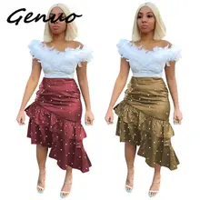 Genuo, новая одежда, бисероплетение, жемчуг, высокая талия, нерегулярные оборки, Русалка, длина по колено, миди, Облегающие юбки, модные платья