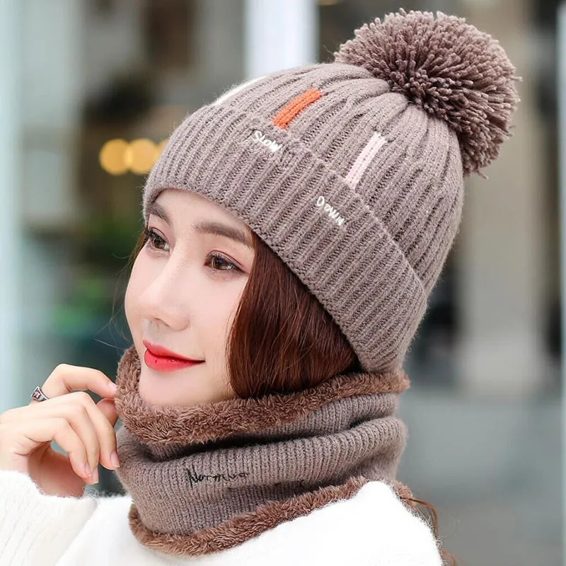 Knitted Hat With Scarf Collars SUOGRY Sets For Women Winter Ladies Hat& Scarf With Pompom Thick Two Piece Keep Snow Warm Set