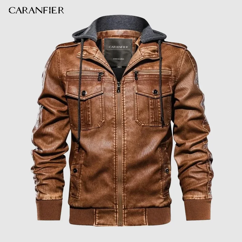 CARANFIER новые мужские Куртки из искусственной кожи с капюшоном пальто