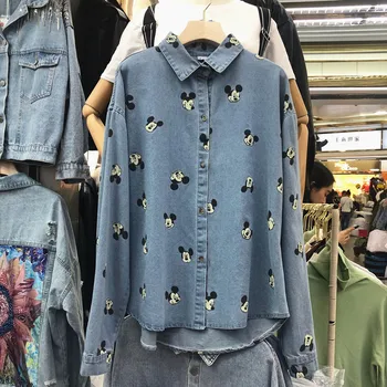 

Spring 2020 New Korean Loose Bf Wind Mickey Print Long Sleeve Cowboy Shirt Lazy Wind Denim Shirt Casual Students Jeans Blouses