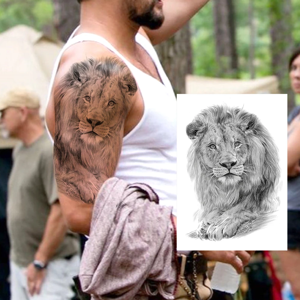 

Men's Fashion Lion Temporary Tattoos Sticker For Men Boys Waterproof Fake Black Animal Tatoos Decal 3D Pencil Sketch Decoration