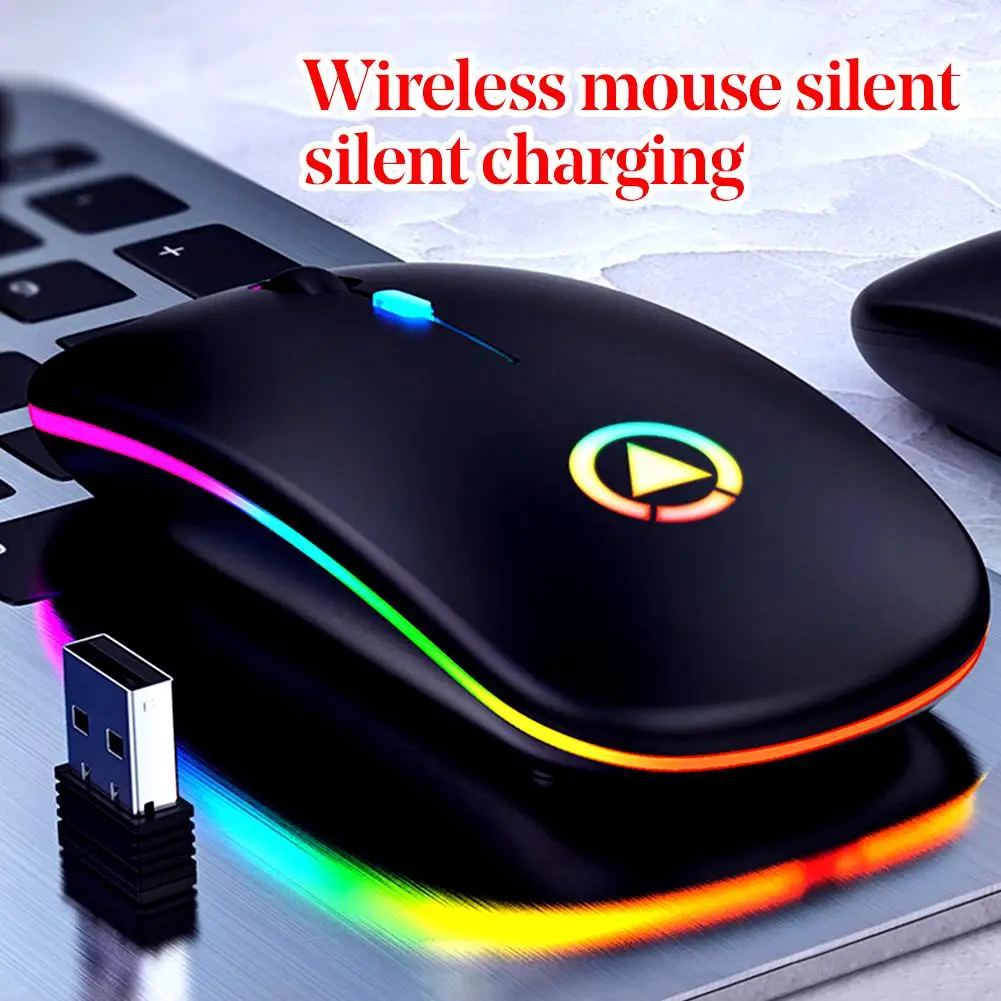 Ratón inalámbrico recargable silencioso, colorido, LED, ratón óptico ergonómico para juegos, para casa, oficina, PC y portátil
