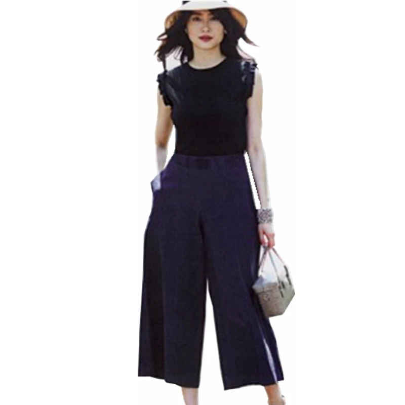 

Cotton and linen cropped womens trousers in spring thin section linen material loose large size solid color linen wide leg pants