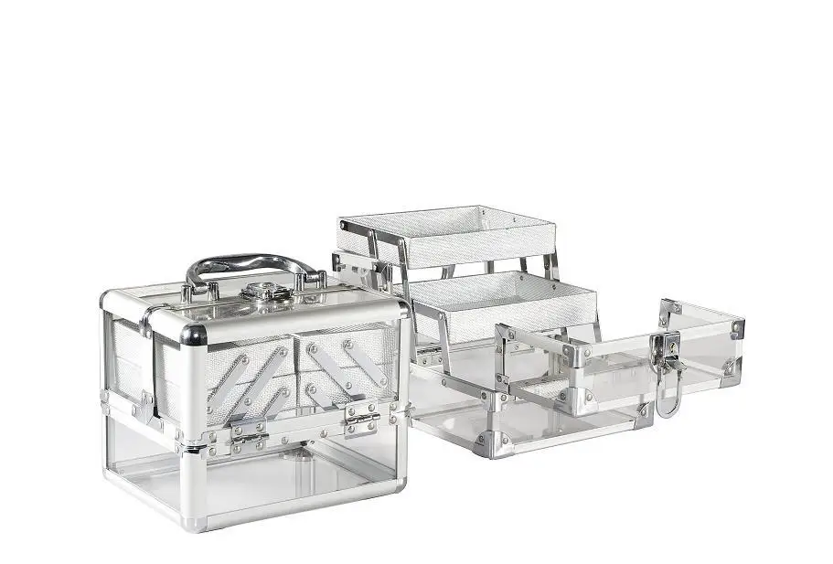 

New Style Acrylic Transparent Cosmetic Aluminium Alloy Double Open Beauty Box Double Open Double Layer Hand Cosmetics Box