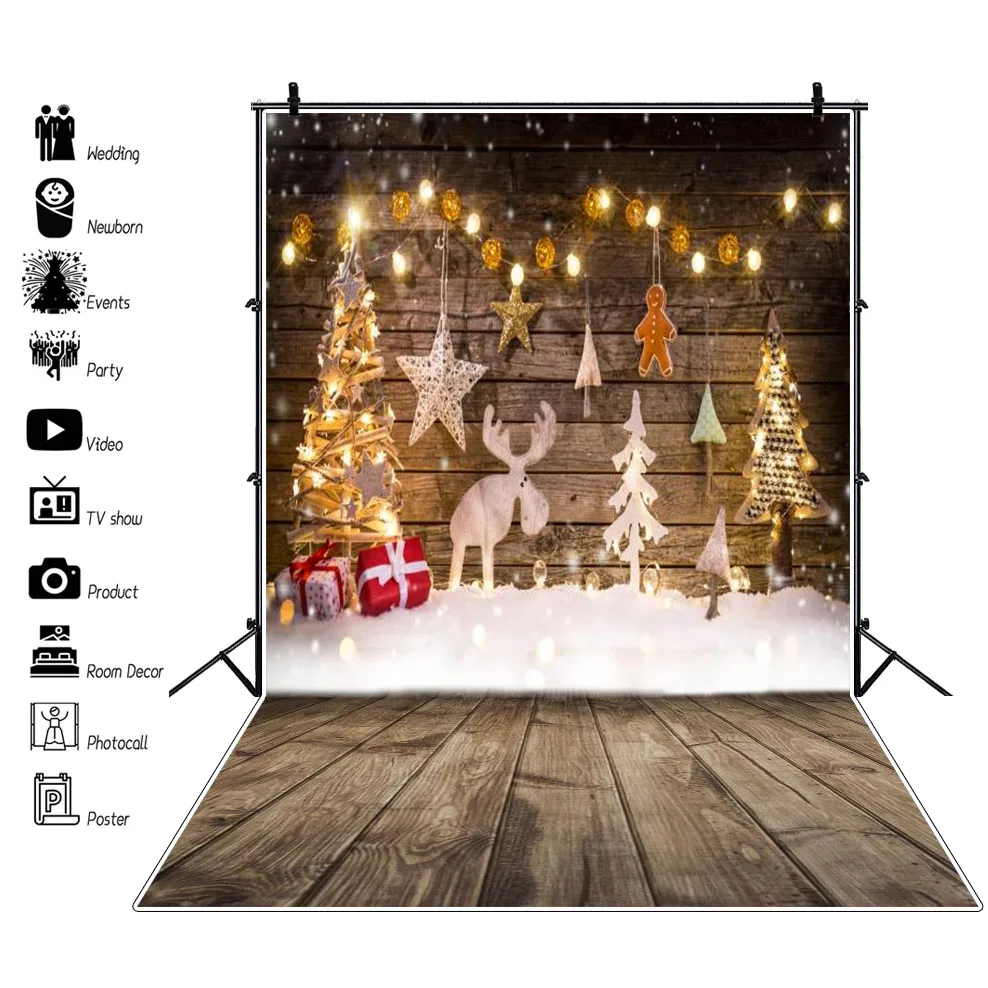 

Laeacco Photo Christmas Snow Tree Reindeer Star Light Wooden Board Photographic Backgrounds Backdrops Photocall Photo Studio
