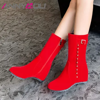 

ANNYMOLI Woman Boots High Heel Mid Calf Boots Buckle Height Increasing Heel Shoes Zip Rivet Ladies Boots Fur Winter Red Size 43