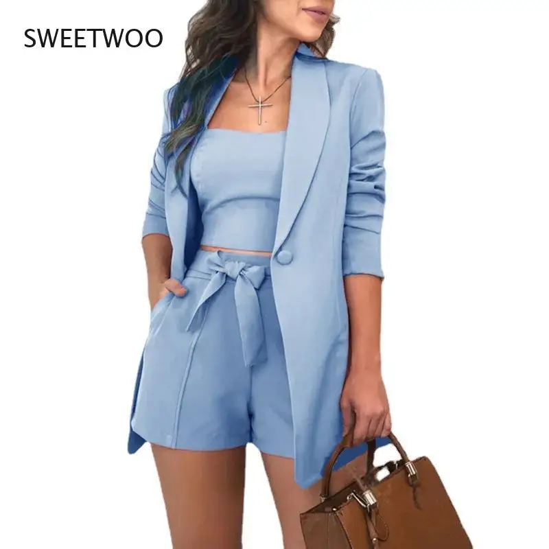2021 spring and summer three-piece suit women's solid color vest suit jacket fashion temperament high waist shorts suit women