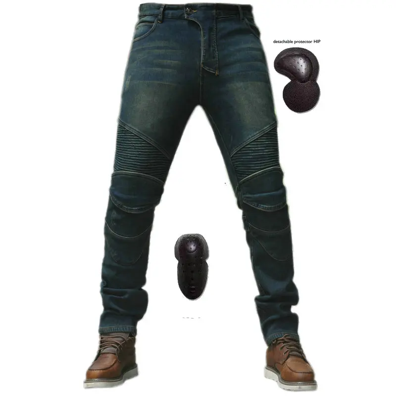 Мужские мотоциклетные стильные флисовые теплые зимние джинсы для верховой езды, байкерские облегающие повседневные штаны с протектором, супероблегающие водонепроницаемые - Цвет: Dark BL Fleece