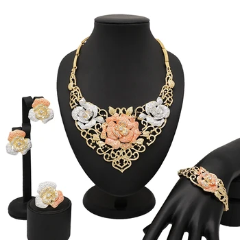 

dubai alloy Jewelry Metal Exaggerated Necklace Earring Ring Bracelet Wedding Jewelry Set Women Accessories Visuteria Mujeres