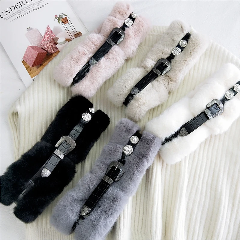 

Winter Warm Fur Scarf Thick Plush Scarf Neck Leather Belt Buckle Neck Collar Scarves Rabbit Loop Scarf Soft White Pearl Crystal