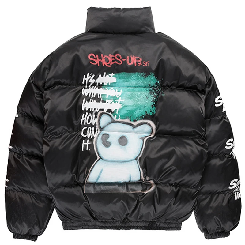 Мужская куртка в стиле хип-хоп, парка, рисунок медведя, граффити, уличная одежда, мужская ветровка, Harajuku, зимняя стеганая куртка, пальто, теплая верхняя одежда - Цвет: Черный