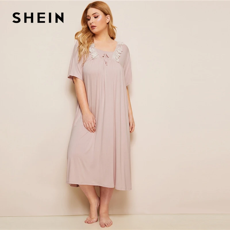 SHEIN плюс размер розовые контрастные кружевные ночные платья с коротким рукавом женские летние повседневные квадратные шеи большие размеры пижамы платье