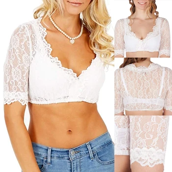 

2020 Women Summer Oktoberfest Shirt Lace Short German Dirndl Blouse Beerfest Wrap Crop Top Female V Neck Thin Short Sleeve Shirt