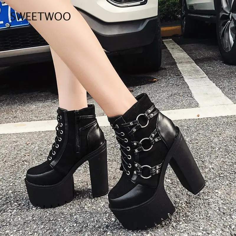 2021 Spring Fashion Motorcycle Boots Women Platform Heels Casual Shoes Lacing Round Toe Shoes Ladies Autumn Boots Black