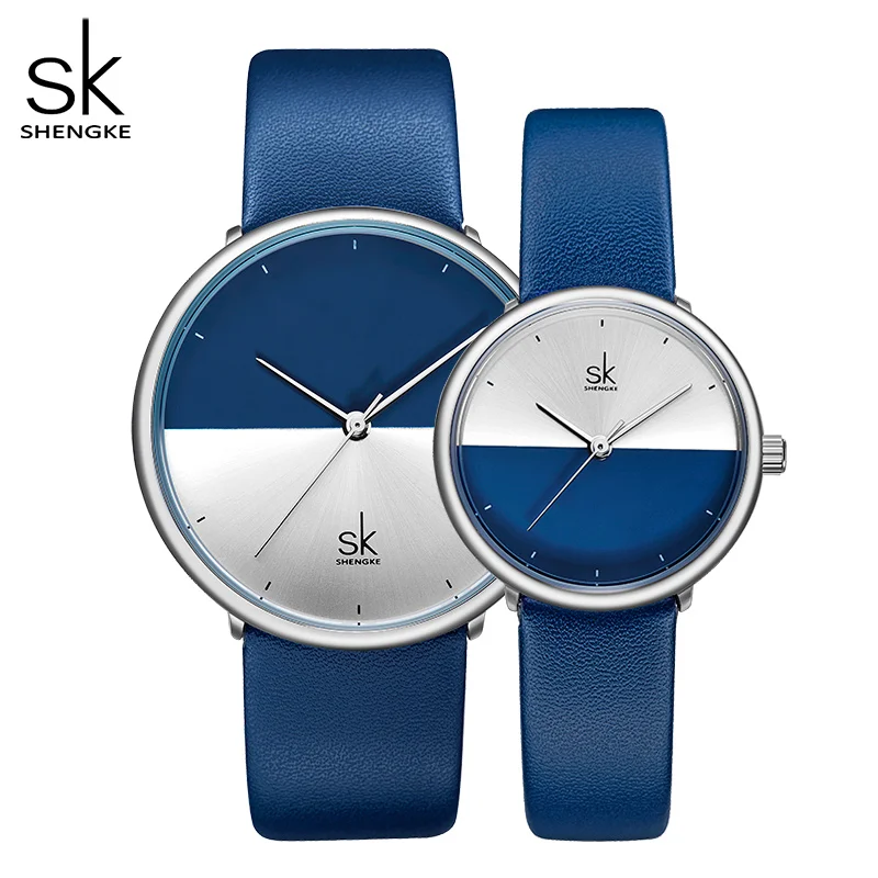 Shengke Кожаные Парные часы для влюбленных, Роскошные Кварцевые женские и мужские наручные часы из кожи, подарок на Рождество и день рождения# K9016 - Цвет: blue couple