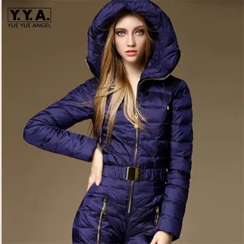 

Winter Warm Brand New Womens One Piece Down Jackets Casual Long Sleeve Hooded Top Full Length Pants Female Slim Fit Ski Suit