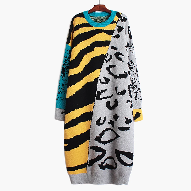 [EAM] женское леопардовое вязаное платье большого размера, новинка, круглый вырез, длинный рукав, свободный крой, мода, весна-осень 19A-a723