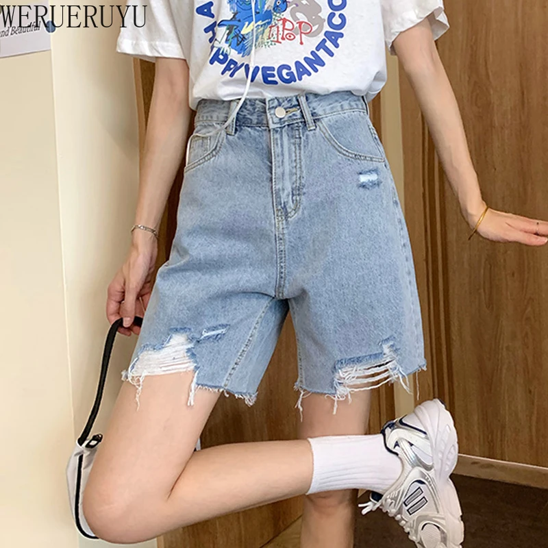 

WERUERUYU high waist jeans shorts woman denim short Vintage Tassel Hole Hollow Out Skinny Pencil Pants jeans 2020
