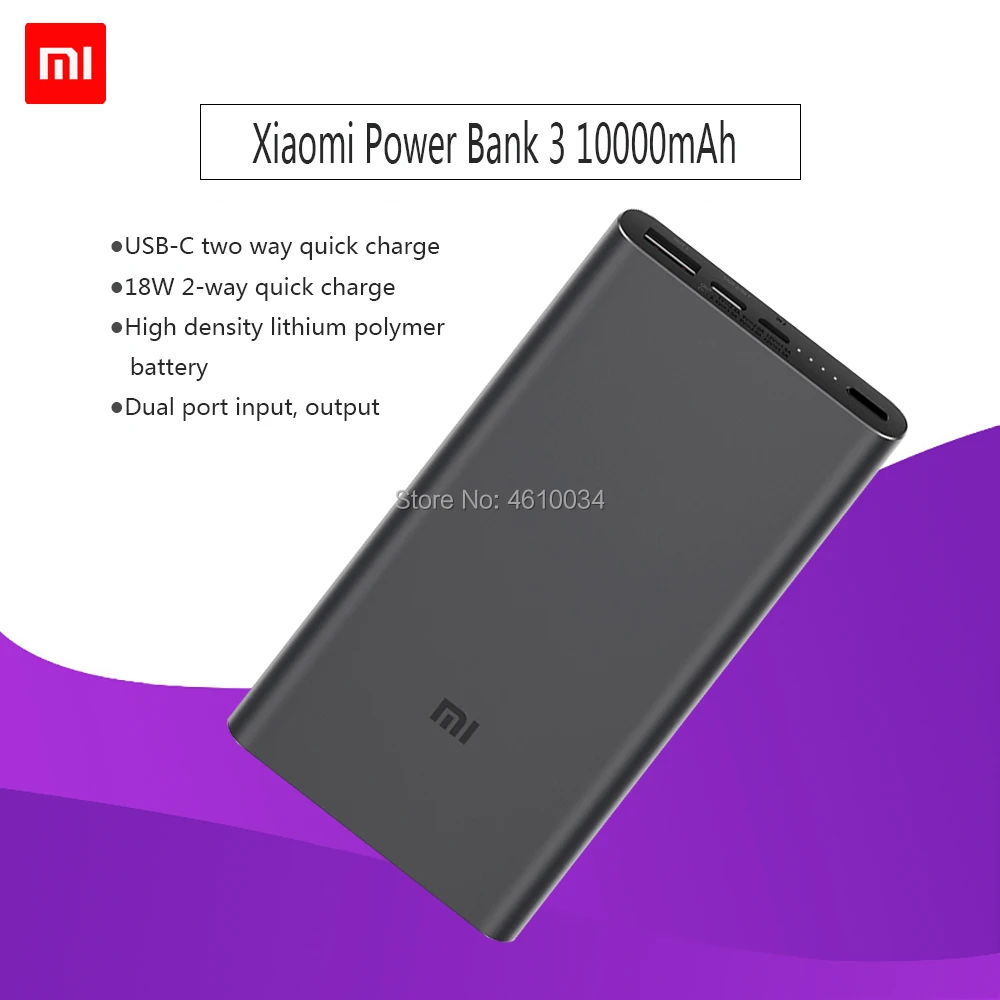 Xiao mi power Bank 3 портативное зарядное устройство с USB C 10000 мАч портативное зарядное устройство аккумулятор внешний повербанк Doub вход выход mi банк питания Xiaomi - Цвет: Black