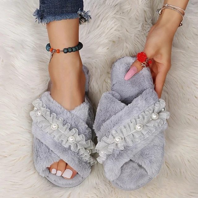 Warm Fluffy Slippers Women Cozy Faux Fur Cross Indoor Floor Slides Flat Soft Furry Shoes Ladies Female Celebrities Flip Flops Pearl Gray