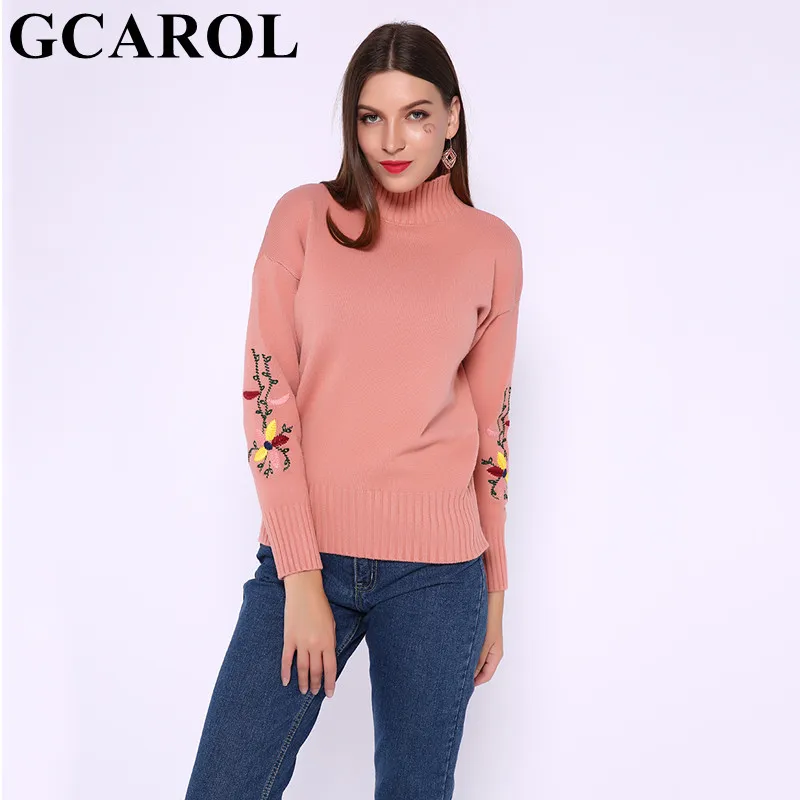 

GCAROL New Fall Winter Embroidered Floral Sleeve Sweater Stand Collar Sweet Thic Jumper Casual High Quality Knitted Pullover
