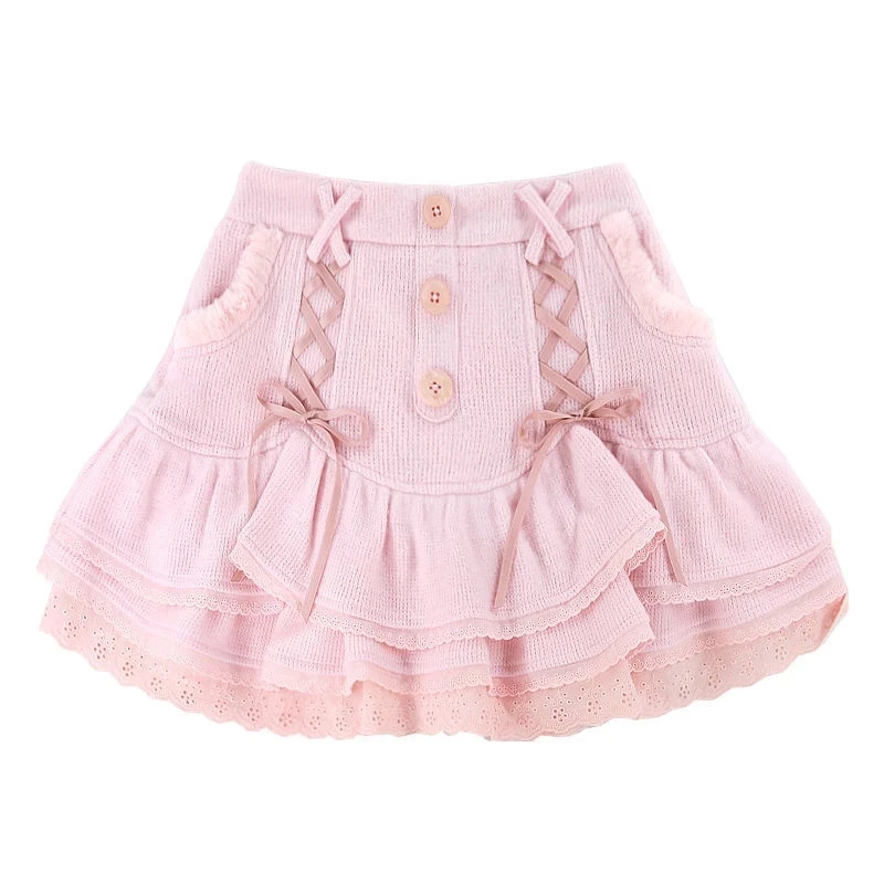 2022Japanese Sweet Cute Knitted Skirt Women PinkWhite Lace Designer Casual Spring Korean Party High Waist Vintage Mini  Skirt twotwinstyle soild sexy patchwork lace up skirt for women spliced button hollow out irregular designer skirts female fashion