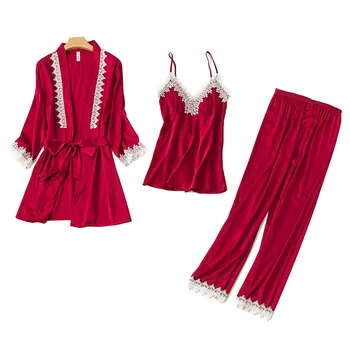 

Sexy Lace Robe Women Silk Satin 3Pcs Pyjamas Set Solid Color Cardigan+Camisole +Pants Nightgown Femme Comfort Soft Homewear