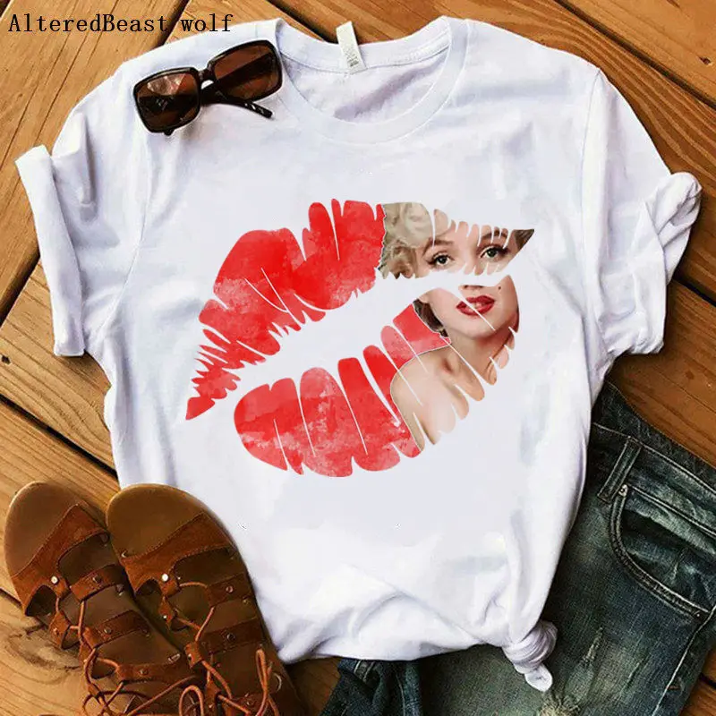 Женская летняя модная футболка с принтом Marilyn Monroe сексуальные красные губы