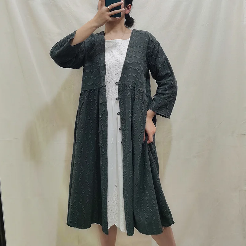 

A Few Slices of Cotton Linen WOMEN'S Dress 2020 Spring New Style Jacquard Embroidered Cardigan Ninth Sleeve Dress Loose And Plus