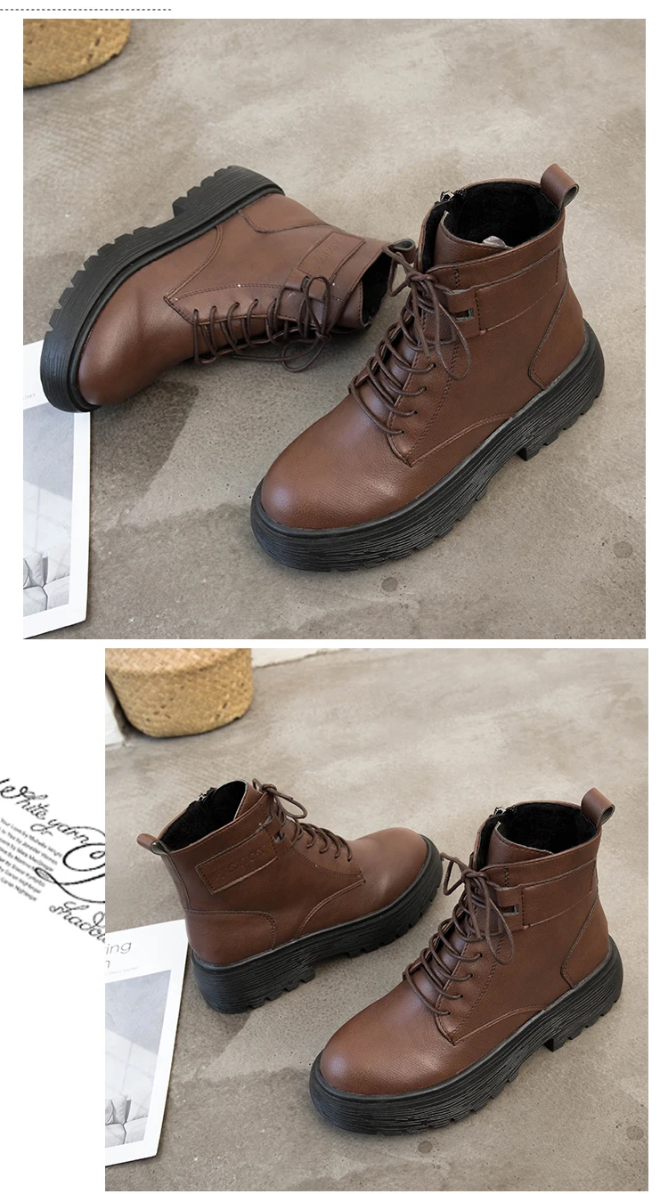Lady Boots Rock Shoes Woman Low Heels booties Lace Up Winter Women Luxury Designer Round Toe Ladies Martins Rubber Mid-Calf